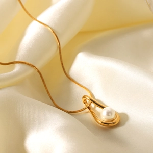 Water Drop Pendant Necklace Stainless Steel With White Artificial Pearl Hollow Elegant Snake Chain For Women Jewelry