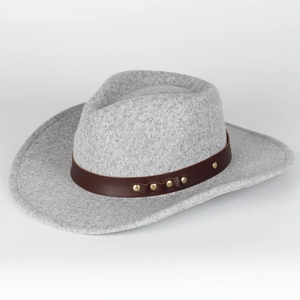 Classic grey wool felt fedora hat with brown leather band and gold metal studs decoration