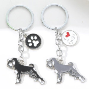 Enamel Schnauzer metal keychains with I Heart Dogs and paw print charm pendants