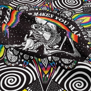 Detailed macro view of psychedelic skeleton tapestry fabric with vibrant rainbow patterns