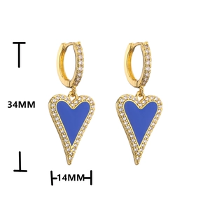 Gold huggie hoop earrings with blue enamel hearts and pavé cubic zirconia 34mm size