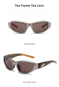 Detailed views of Y2K sport sunglasses with tea-colored lenses and star hardware