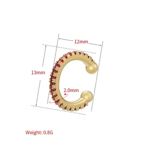 Minimalist 18K gold plated C-shaped ear cuff with micro-pave red cubic zirconia stones