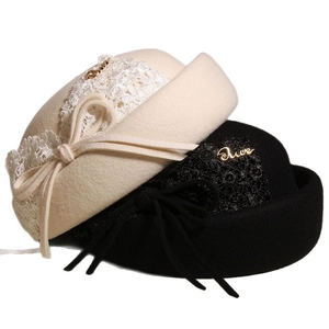 French wool felt flat top boater hat with lace bow and elegant vintage style