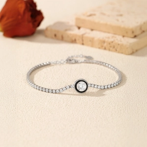 Bracelet tennis en argent sterling S925 avec diamants brillants et émail noir chic