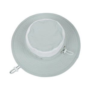 Detail of outdoor sun hat featuring breathable mesh top and adjustable drawstring