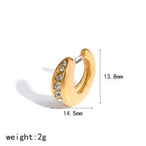 18k gold plated stainless steel C-shaped ear cuff with rhinestones, 13.8mm height display