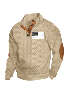 Detail of khaki knit sweater showing half-button collar and elbow patches with flag patch