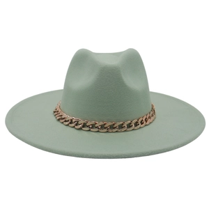 Light green wide brim wool felt hat with rose gold metal chain for autumn winter style