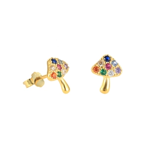 Cute Mushroom Stud Earrings With 925 Sterling Silver Post Gold Plated Copper Colorful Zirconia Fashion Jewelry Gift For Women
