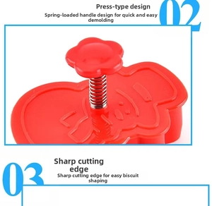 Detail of red press-type Christmas cookie mold with spring handle and sharp cutting edge