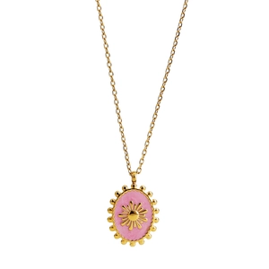 Bohemian gold-plated oval pendant necklace featuring pink enamel and sunburst star motif