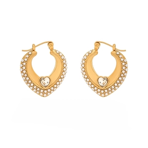 Elegant gold heart earrings with white pearls and sparkling crystal stones in a U-shape