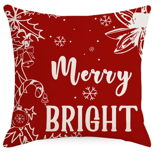 Red Christmas linen throw pillow cover with Merry and Bright print for home sofa decor