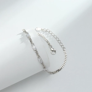 Close-up of S925 sterling silver bracelet featuring rectangular cubic zirconia stones