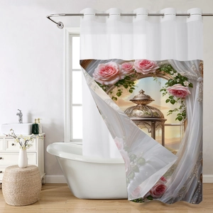 Detail of waterproof waffle shower curtain with floral window view and classical gazebo print