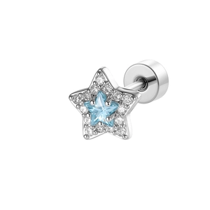Star-shaped silver stud earring with micro-paved zircons and light blue center stone