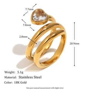 18K gold plated stainless steel multi-layer snake head ring with white heart zircon
