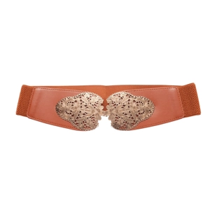 Ceinture élastique marron caramel vintage avec boucle en métal doré ciselé de fleurs