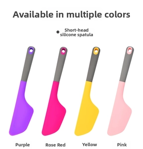 Short silicone spatulas in purple, yellow and pink colors with gray hanging handles