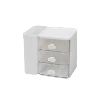 Minimalist white cloud desk organizer with three transparent drawers and pen holder
