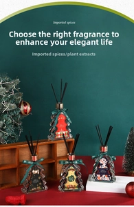 Detailed view of Christmas tree glass aroma diffusers with festive ribbons and black sticks