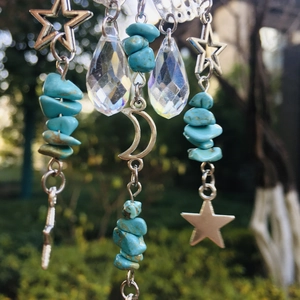 Detailed view of suncatcher featuring silver moon, stars, blue stone and crystal prism