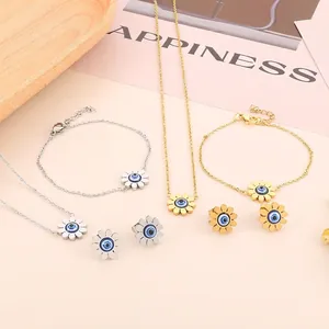 Stainless Steel Sunflower Necklace Bracelet Earrings Jewelry Blue Evil Eye Daisy Summer Beach Fashion For Women