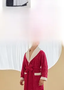 Detailed view of thick double-layer flannel bathrobe with contrast white plush fleece trim