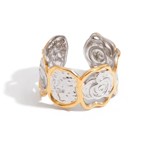 18K Vergoldet Edelstahl Bicolor Gehämmert Rose Blume Offener Verstellbarer Ring Wasserdicht Retro Schmuck Für Damen
