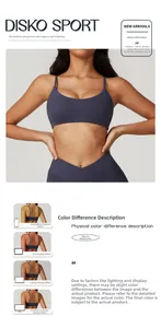 Detail of cross-waist yoga leggings and U-neck sports bra on a professional fitness model