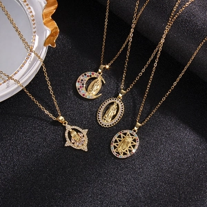 Set of four gold stainless steel Virgin Mary necklaces with colorful zircon stones