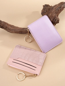 Minimalist faux leather card holder wallet set in pink crocodile and purple smooth finish