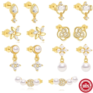 Elegant Gold Plated Artificial Pearl Earrings With 925 Sterling Silver Earring Post Zircon Flower Water Drop Geometric For Women