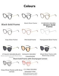 Detailed assortment of cat-eye sunglasses and glasses in various frame and lens colors