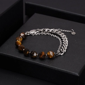 Men's double-layered stainless steel bracelet with faceted tiger eye stone on gift box
