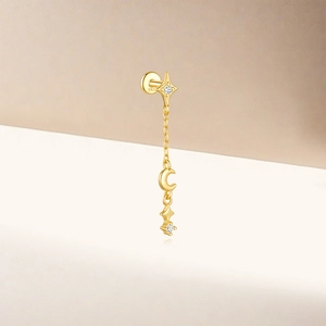 Detail of S925 silver gold star and moon drop earrings with zircon insets