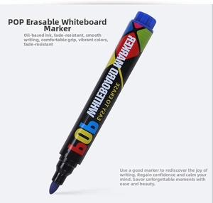 Close-up of blue erasable whiteboard marker with durable bullet tip and oil-based ink