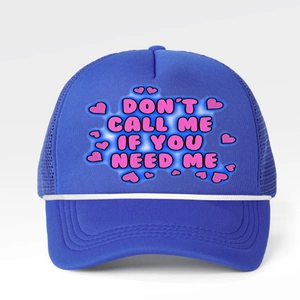 Royal blue mesh trucker hat with pink Don't Call Me text and white decorative rope