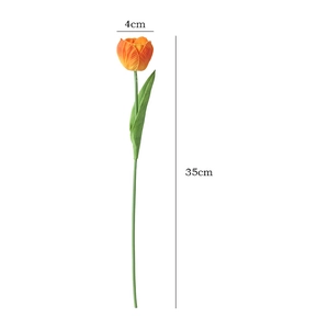 Mini orange PU artificial tulip with green leaves, 35cm high and 4cm flower head width