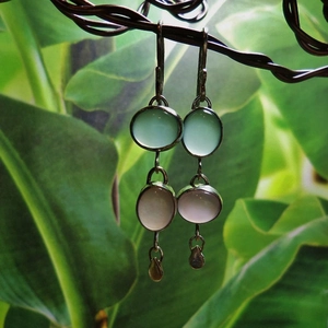 Asymmetric pink and green oval cat eye stone pendant earrings with vintage metal trim