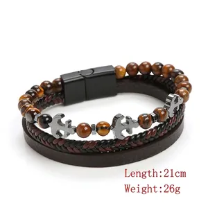 Handmade men's multilayer tiger eye stone and leather bracelet with magnetic clasp, 21cm