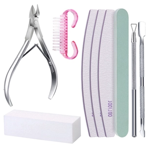 Detail of 10-piece stainless steel manicure set including files and cuticle nippers