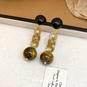 Vintage long drop earrings with faux tiger eye stone and elegant gold metal chain