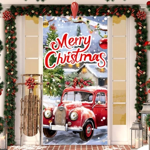 Bannière De Porte De Noël Drapeau Suspendu En Polyester Voiture Rouge Vintage Scène De Neige Décoration De Fête