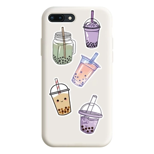 White iPhone case featuring five cute cartoon bubble tea illustrations in pastel colors