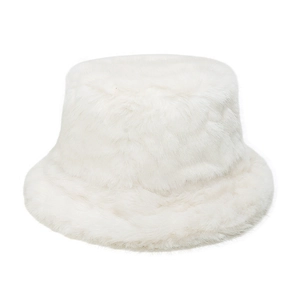 Close-up detail of a soft white faux fur bucket hat featuring thick warm plush texture