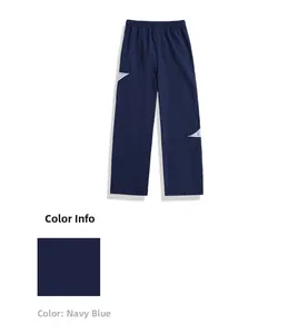 Detail view of navy blue casual trousers featuring elastic waist and side geometric patterns