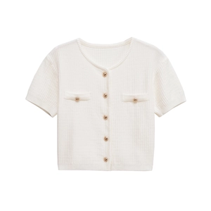 White short-sleeve knit cardigan with golden buttons and a classic round neckline