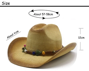 Détails du chapeau de cowboy en paille: circonférence 57-58cm et bord large de 9cm